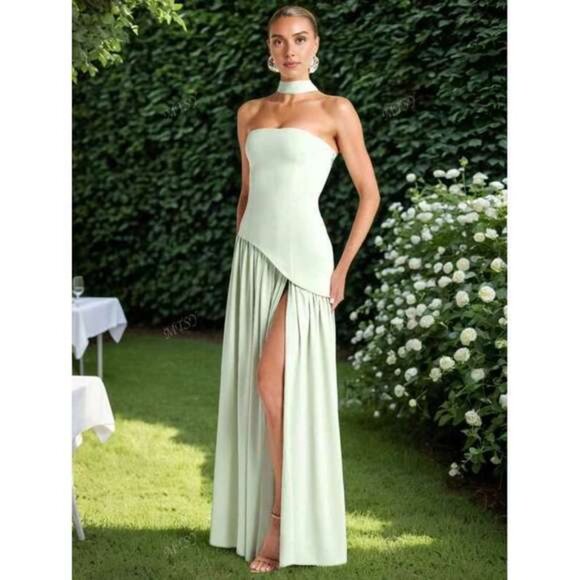 Women's High Slit Chiffon Ribbon Hem Dress, Sexy Resort Beach Wedding Banquet - Picture 2 of 3